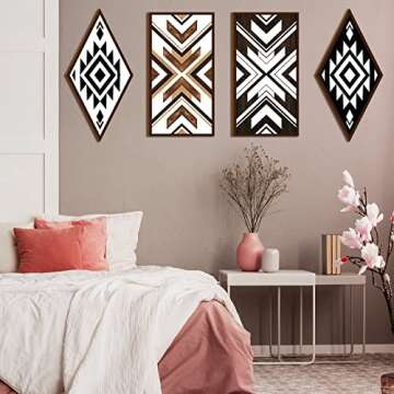 Kigeli 4 Pieces Farmhouse Home Wall Decor Aztec Wooden Sign Boho Western Decor Rustic Wood Sign Geometric Diamond Frame Hanging for Bedroom Apartment Living Room, 4 Styles