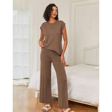 Ekouaer Lounge Sets for Women Two Piece Outfits Knit Cap Sleeve Tops Wide Leg Pleated Pants Casual D...