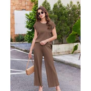 Ekouaer Lounge Sets for Women Two Piece Outfits Knit Cap Sleeve Tops Wide Leg Pleated Pants Casual Dressy Sweater Sets Brown