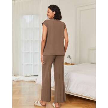 Ekouaer Lounge Sets for Women Two Piece Outfits Knit Cap Sleeve Tops Wide Leg Pleated Pants Casual Dressy Sweater Sets Brown