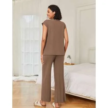 Ekouaer Lounge Sets for Women Two Piece Outfits Knit Cap Sleeve Tops Wide Leg Pleated Pants Casual Dressy Sweater Sets Brown