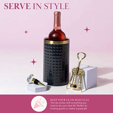 Paris Hilton Wine Bottle Chiller Set, Insulated Double Wall Chiller, Gold Winged Corkscrew Wine Bottle Opener, Diamond Wine Stopper, 3-Piece Set, Charcoal Gray