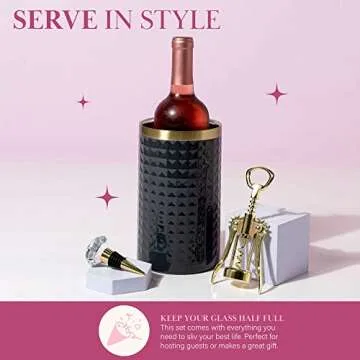Paris Hilton Wine Bottle Chiller Set, Insulated Double Wall Chiller, Gold Winged Corkscrew Wine Bottle Opener, Diamond Wine Stopper, 3-Piece Set, Charcoal Gray