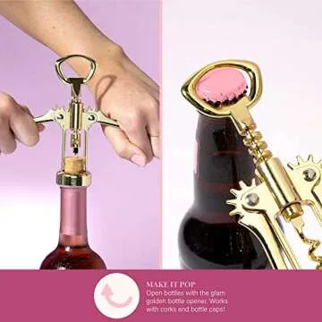 Paris Hilton Wine Bottle Chiller Set, Insulated Double Wall Chiller, Gold Winged Corkscrew Wine Bottle Opener, Diamond Wine Stopper, 3-Piece Set, Charcoal Gray