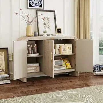 Harper & Bright Designs TREXM Retro Minimalist Curved Sideboard with Gold Handles and Adjustable Dividers for Living Room or Dining Room (Natural Wood Wash)