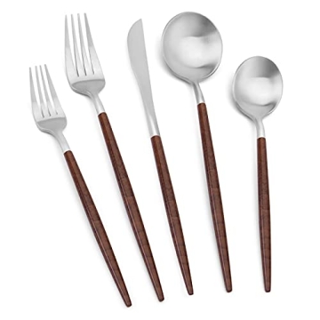 Matte Silver Silverware Set With Brown Handle, Vanys 20 Piece Stainless Steel Cutlery Flatware Set, ...