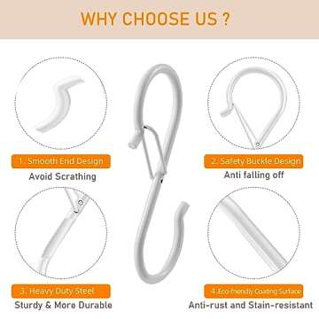 Hamiutci 12 PCS S Hooks, Black S Hooks for Hanging Plants, Safety Buckle S Shaped Hooks Heavy Duty for Closet,3.5 Inch Metal S Hook Clothes Rack Kitchen Utensils S-Hooks for Pots,Pans (White-12 PCS)