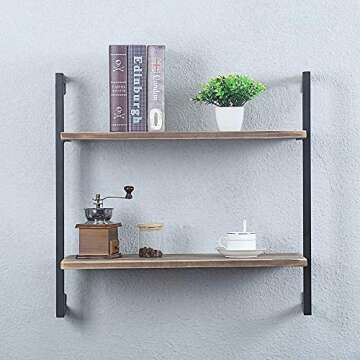 JUSTSWAG PDTXCLS Rustic Metal and Wood Wall Shelf Unit,Industrial Shelving Wall Mounted 2 Tier,Floating Book Shelves for Office Bedroom Farmhouse,24in Real Wood and Iron Shelves Hanging Bookshelf
