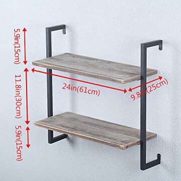 JUSTSWAG PDTXCLS Rustic Metal and Wood Wall Shelf Unit,Industrial Shelving Wall Mounted 2 Tier,Floating Book Shelves for Office Bedroom Farmhouse,24in Real Wood and Iron Shelves Hanging Bookshelf