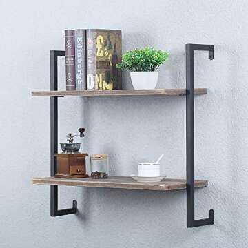 JUSTSWAG PDTXCLS Rustic Metal and Wood Wall Shelf Unit,Industrial Shelving Wall Mounted 2 Tier,Floating Book Shelves for Office Bedroom Farmhouse,24in Real Wood and Iron Shelves Hanging Bookshelf