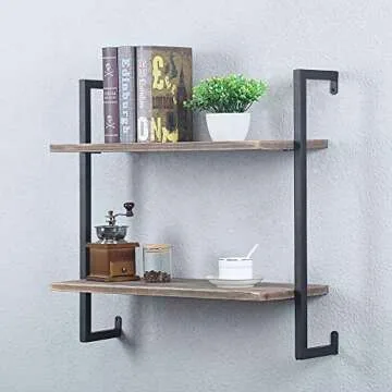 JUSTSWAG PDTXCLS Rustic Metal and Wood Wall Shelf Unit,Industrial Shelving Wall Mounted 2 Tier,Floating Book Shelves for Office Bedroom Farmhouse,24in Real Wood and Iron Shelves Hanging Bookshelf