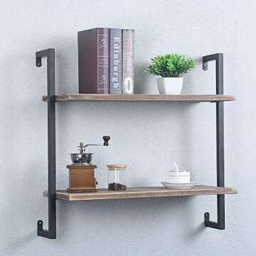 JUSTSWAG PDTXCLS Rustic Metal and Wood Wall Shelf Unit,Industrial Shelving Wall Mounted 2 Tier,Floating Book Shelves for Office Bedroom Farmhouse,24in Real Wood and Iron Shelves Hanging Bookshelf
