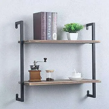 JUSTSWAG PDTXCLS Rustic Metal and Wood Wall Shelf Unit,Industrial Shelving Wall Mounted 2 Tier,Floating Book Shelves for Office Bedroom Farmhouse,24in Real Wood and Iron Shelves Hanging Bookshelf