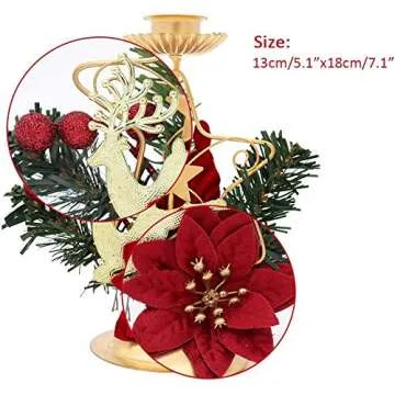 Christmas Candle Holder, Metal Candlestick Decorative Poinsettia Reindeer Glitter Red Ornaments Candelabrum Holiday Candlelight Stand for Xmas Dining Room Decoration Display Home Decor, Gold