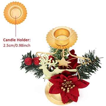 Christmas Candle Holder, Metal Candlestick Decorative Poinsettia Reindeer Glitter Red Ornaments Candelabrum Holiday Candlelight Stand for Xmas Dining Room Decoration Display Home Decor, Gold