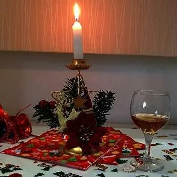 Christmas Candle Holder, Metal Candlestick Decorative Poinsettia Reindeer Glitter Red Ornaments Candelabrum Holiday Candlelight Stand for Xmas Dining Room Decoration Display Home Decor, Gold