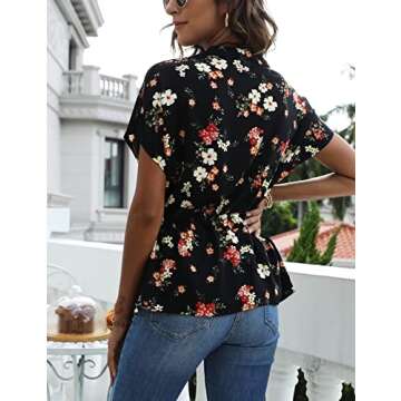 Womens Button Down Blouses Casual Peplum Summer Tops Dressy Chiffon Work Blouse Floral Black