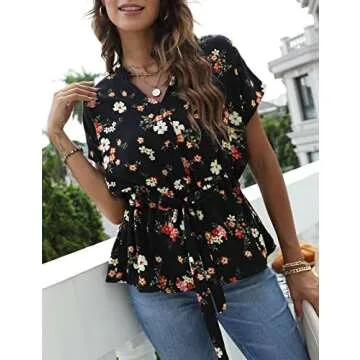 Womens Button Down Blouses Casual Peplum Summer Tops Dressy Chiffon Work Blouse Floral Black