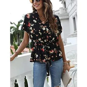 Womens Button Down Blouses Casual Peplum Summer Tops Dressy Chiffon Work Blouse Floral Black