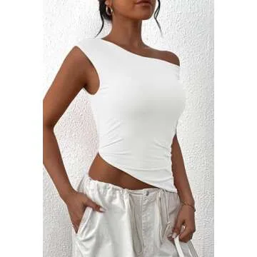 PRETTYGARDEN Womens 2025 Summer Off The Shoulder Crop Tops Sleeveless One Shoulder Ruched Asymmetrical Y2K Going Out Tank Top (White,Medium)