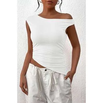 PRETTYGARDEN Womens 2025 Summer Off The Shoulder Crop Tops Sleeveless One Shoulder Ruched Asymmetrical Y2K Going Out Tank Top (White,Medium)