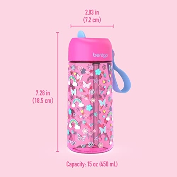 Bentgo Kids Water Bottle - Leak-Proof, Durable Tritan, BPA-Free 15 oz. Cup for Kids/Toddlers Ages 3+ - Flip-Up Straw & Dishwasher Safe for School, Sports, Daycare & Camp (Rainbows & Butterflies)