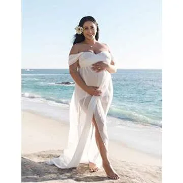 OQC Maternity Off Shoulder Chiffon Gown Lace Split Front Maxi Photography Dress for Photoshoot Dress White