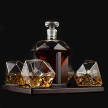 The Wine Savant Diamond Whiskey & Wine Decanter Set - 750ml With 4 Diamond Glasses and Beautiful Mahogany Wooden Holder Liquor, Scotch, Rum, Bourbon, Vodka, Tequila Tray Whiskey Gifts for Men & Women