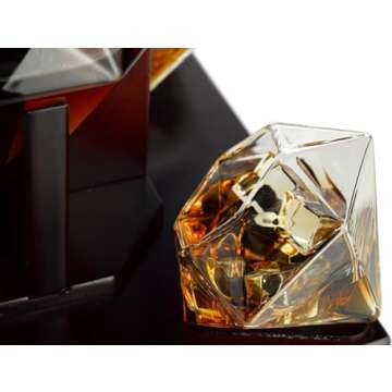 The Wine Savant Diamond Whiskey & Wine Decanter Set - 750ml With 4 Diamond Glasses and Beautiful Mahogany Wooden Holder Liquor, Scotch, Rum, Bourbon, Vodka, Tequila Tray Whiskey Gifts for Men & Women