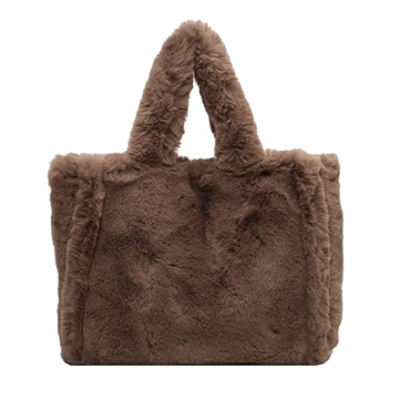 Extolove Fluffy Tote Bag for Women, Large Fuzzy Tote Handbag Faux Fur Bag Furry Purse (Brown)