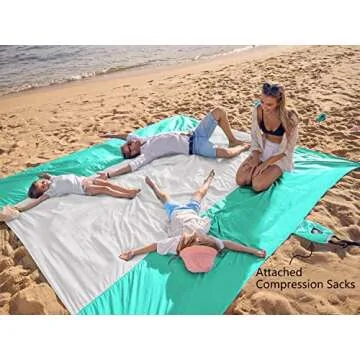WEKAPO Beach Blanket Sandproof, Extra Large Beach Mat, Big & Compact Sand Free Mat Quick Drying, Lightweight & Durable with 6 Stakes & 4 Corner Pockets (Turquoise, 7x7 FT (1～3 Person))