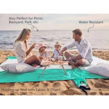 WEKAPO Beach Blanket Sandproof, Extra Large Beach Mat, Big & Compact Sand Free Mat Quick Drying, Lightweight & Durable with 6 Stakes & 4 Corner Pockets (Turquoise, 7x7 FT (1～3 Person))