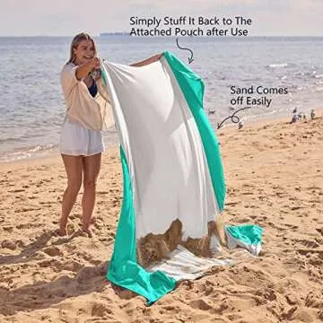 WEKAPO Beach Blanket Sandproof, Extra Large Beach Mat, Big & Compact Sand Free Mat Quick Drying, Lightweight & Durable with 6 Stakes & 4 Corner Pockets (Turquoise, 7x7 FT (1～3 Person))