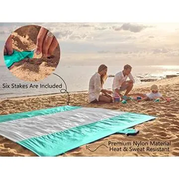 WEKAPO Beach Blanket Sandproof, Extra Large Beach Mat, Big & Compact Sand Free Mat Quick Drying, Lightweight & Durable with 6 Stakes & 4 Corner Pockets (Turquoise, 7x7 FT (1～3 Person))