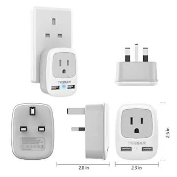 UK Travel Plug Adapter with Dual USB Ports 2 Pack