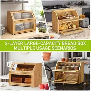 Farmhouse Bread Box for Kitchen Countertop Bread box Double Layer Bamboo Wooden Extra Large Capacity Bin Kitchen Food Storage Container(Natural)