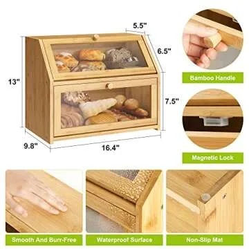 Farmhouse Bread Box for Kitchen Countertop Bread box Double Layer Bamboo Wooden Extra Large Capacity Bin Kitchen Food Storage Container(Natural)