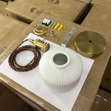 Nordic Pendant Light OTTOSON Modern Ribbed Pendant Single Bulb Ceramics Ceiling Hang Light in White and Brass for Kitchen Island Living Dining Room, B (66598-B)