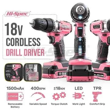 Hi-Spec 58pc 18V Cordless Power Drill Driver, Bit Set & Case. Complete Pink Drill and Drill Bit Set for Home & Garage DIY