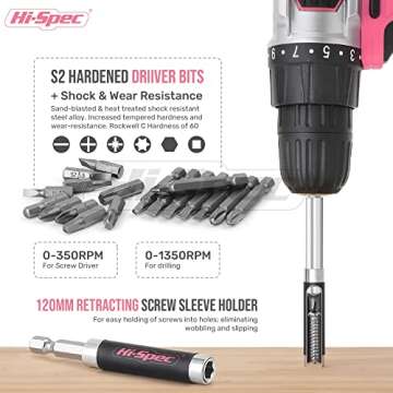 Hi-Spec 58pc 18V Cordless Power Drill Driver, Bit Set & Case. Complete Pink Drill and Drill Bit Set for Home & Garage DIY