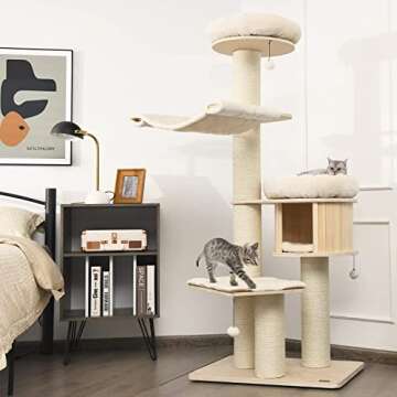 Tangkula Modern Cat Tree, Multi-Level Large Cat Tower w/Cat Condo, Hammocks & Hanging Basket, Tall C...