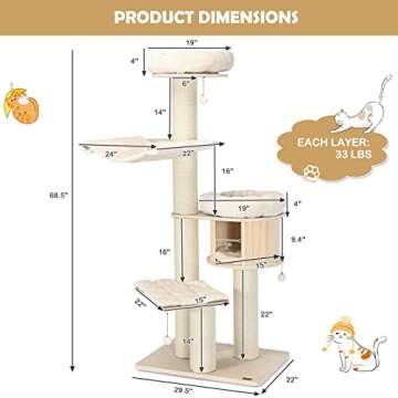 Tangkula Modern Cat Tree, Multi-Level Large Cat Tower w/Cat Condo, Hammocks & Hanging Basket, Tall Cat Tree w/Sisal Posts, Washable Cushions, Wood Cat Trees and Towers for Indoor Large Cats