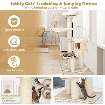 Tangkula Modern Cat Tree, Multi-Level Large Cat Tower w/Cat Condo, Hammocks & Hanging Basket, Tall Cat Tree w/Sisal Posts, Washable Cushions, Wood Cat Trees and Towers for Indoor Large Cats