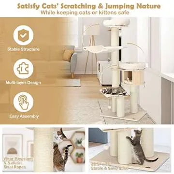 Tangkula Modern Cat Tree, Multi-Level Large Cat Tower w/Cat Condo, Hammocks & Hanging Basket, Tall Cat Tree w/Sisal Posts, Washable Cushions, Wood Cat Trees and Towers for Indoor Large Cats