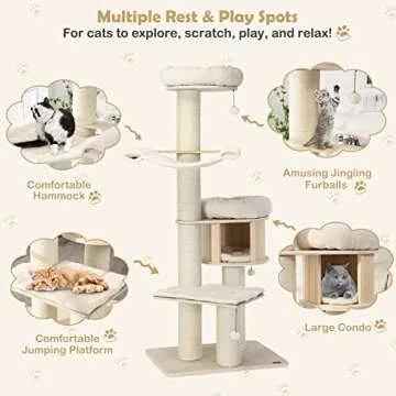 Tangkula Modern Cat Tree, Multi-Level Large Cat Tower w/Cat Condo, Hammocks & Hanging Basket, Tall Cat Tree w/Sisal Posts, Washable Cushions, Wood Cat Trees and Towers for Indoor Large Cats
