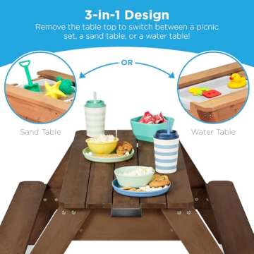 Best Choice Products Kids 3-in-1 Sand & Water Table, Wood Outdoor Convertible Picnic Table w/Umbrell...