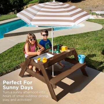 Best Choice Products Kids 3-in-1 Sand & Water Table, Wood Outdoor Convertible Picnic Table w/Umbrella, 2 Trays, Removable Top, 220lb Capacity Per Bench -Walnut/Beige