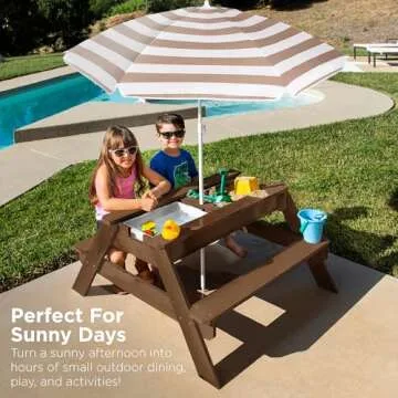 Best Choice Products Kids 3-in-1 Sand & Water Table, Wood Outdoor Convertible Picnic Table w/Umbrella, 2 Trays, Removable Top, 220lb Capacity Per Bench -Walnut/Beige