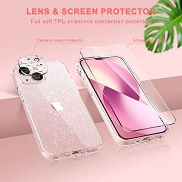 KSWOUS Sparkly Glitter Case for iPhone 13 6.1 Inch with Screen Protector[2 Pack] + Camera Lens Protector[2 Pack], Soft Protective Clear Cases for Women Girls Cute Shockproof Bling Phone Cover