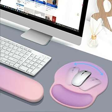 iCasso Desk Mat, Gaming Mouse Pad Wrist Support Set,4in1 XXL Large Mousepad + Keyboard Wrist Rest+Mouse Wrist Rest+Coaster Set with Ergonomic Design for Home Office Table Computer-Pink Purple